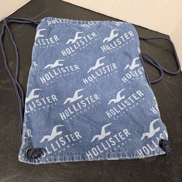 Y2K Style Hollister Bag Drawstring Denim Jean Backpack with Logo - Picture 2 of 8
